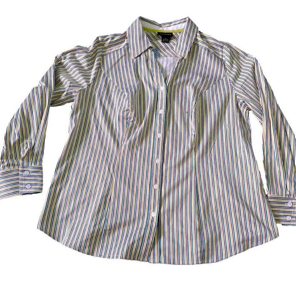 Striped Shirt Size 18 Green Yellow White Long Sleeve Womens Button-Up Collared